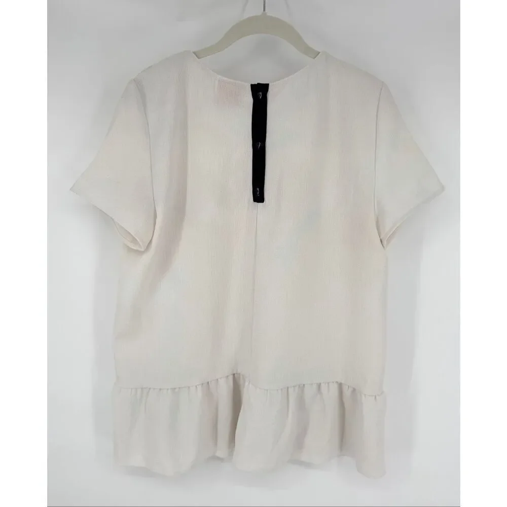 Tory Burch Ivory Back Ruffle Blouse Short Sleeve Textured Top Women Size Large *